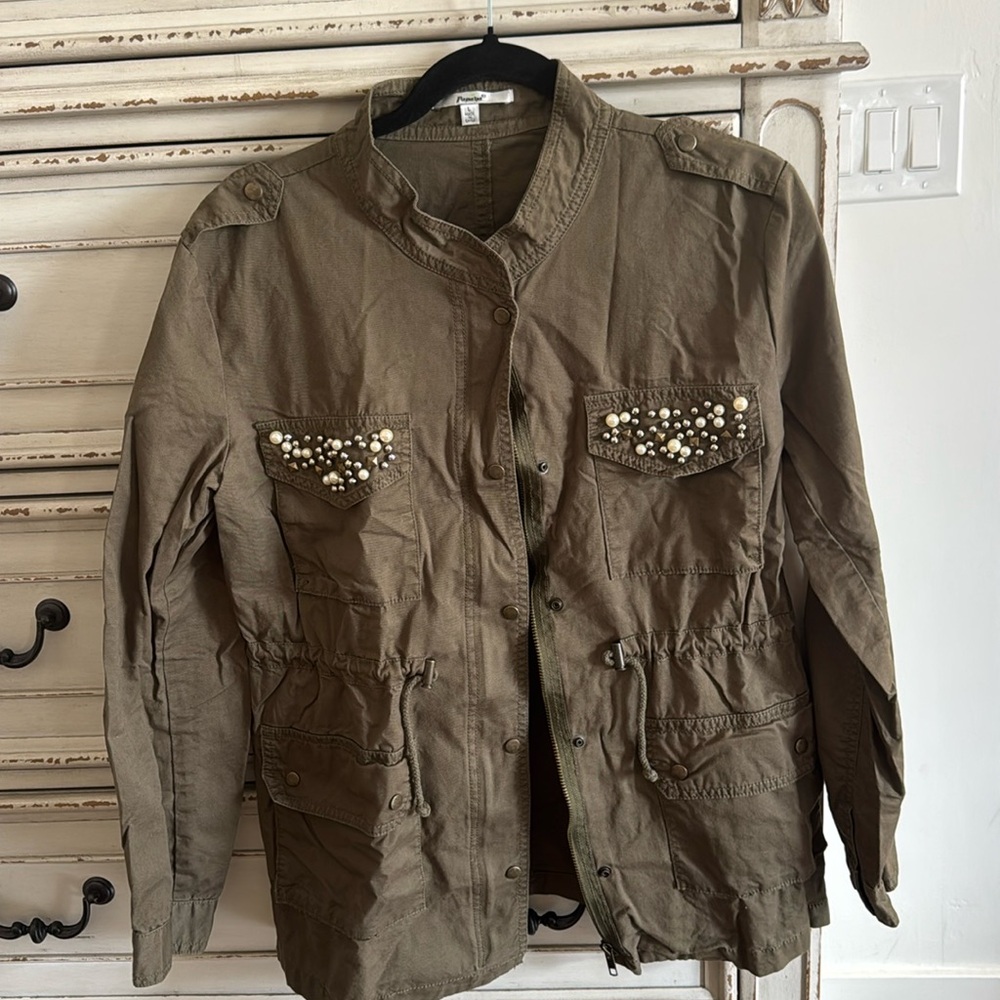 Papaya Green Jacket with pearl embellishments. Size L